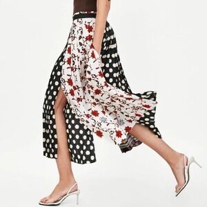 Zara Skirt Women M Pleated Midi Black Mixed Print Eclectic Artsy Officecore